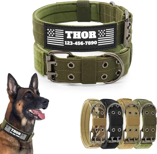 Miniatura 8 de Collar táctico personalizado para perro con parches de nombre y número de teléfono - Collar resistente personalizado con hebilla de cinturón