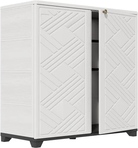 Miniatura 8 de HOMSPARK Armario de almacenamiento para interiores y exteriores con puertas y 1 estante, caja de almacenamiento de plástico HDPE de 34 x 15 x 34