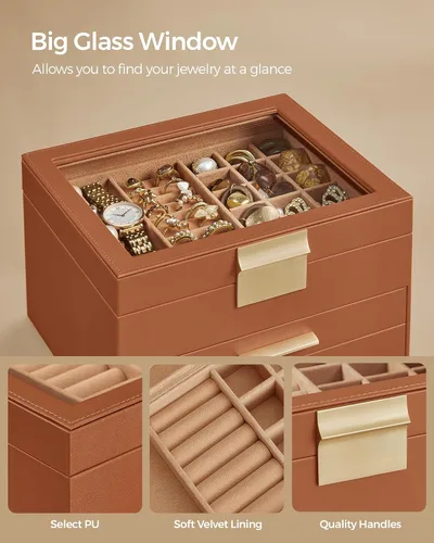 Miniatura 4 de SONGMICS Joyero organizador con tapa de cristal, almacenamiento de joyas de 3 capas, con 2 cajones, estilo moderno, regalo de Navidad, 8 x 9.1 x 5.3