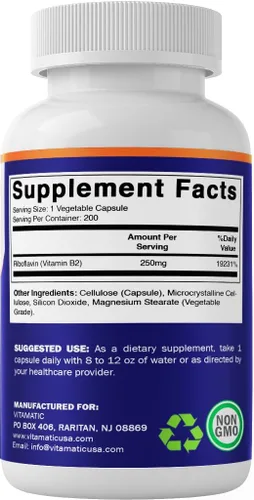 Miniatura 9 de Vitamatic Vitamina B2 (riboflavina) 250 mg - 200 Cápsulas - Paquete de 2 Supports Energy Metabolism, Nervous Sytem Health, Healthy Skin & Eye