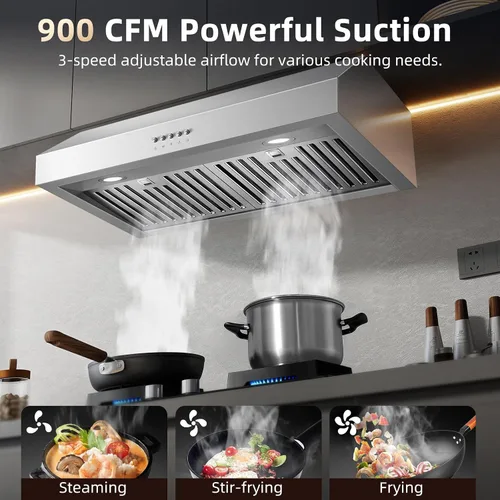 Miniatura 2 de Tiesay Campana extractora debajo del gabinete de 30 pulgadas, 900 CFM, con conducto convertible sin conductos, 3 velocidades ajustables, filtros