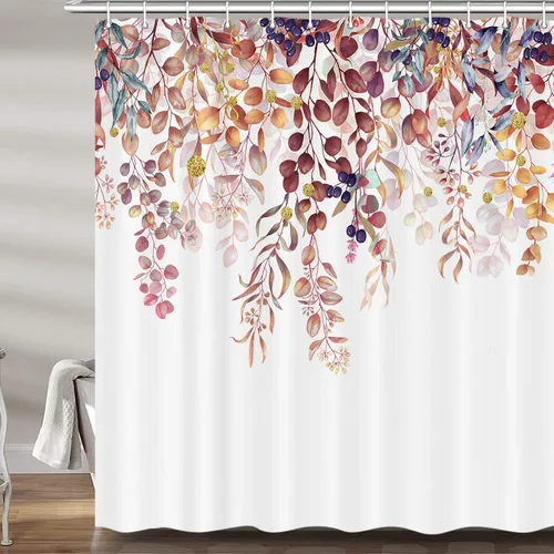 MERCHR Cortina de ducha de otoño, lindo juego de cortinas de ducha de tela de cosecha de hojas rojas y doradas para baño, accesorios de decoración
