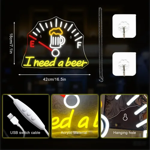 Miniatura 3 de Letrero de neón con texto en inglés "I Need a Beer" ("Necesito una cerveza") con barra de luz LED de neón para decoración de pared para Pub Man Cave