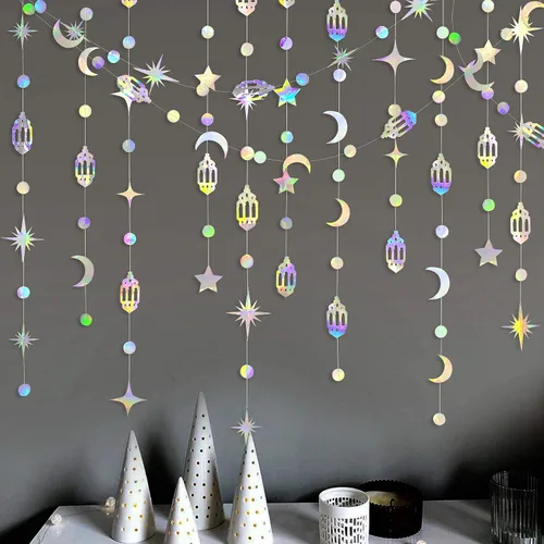 Miniatura 3 de Decoración iridiscente de Eid Mubarak Ramadán colgante de arco iris, estrella, luna, círculo, punto de media luna, lámpara de guirnalda, banderín
