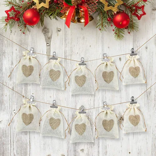 Miniatura 4 de SumDirect Bolsas de arpillera de corazón con cordón – 36 bolsas pequeñas de lino beige de 4 x 6 pulgadas para regalo de boda, baby shower