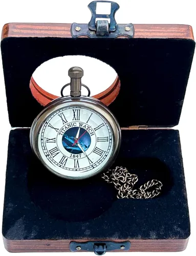 Miniatura 4 de Generic Hassanhandicrafts Reloj de bolsillo de latón antiguo antiguo con esfera de barco Titanic con caja de madera