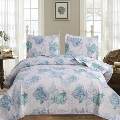 Miniatura 11 de Juego de cama reversible de 3 piezas con diseño náutico, tamaño Queen (90x90 Pulgadas), con conchas de mar azul-verde y coral, juego de colcha