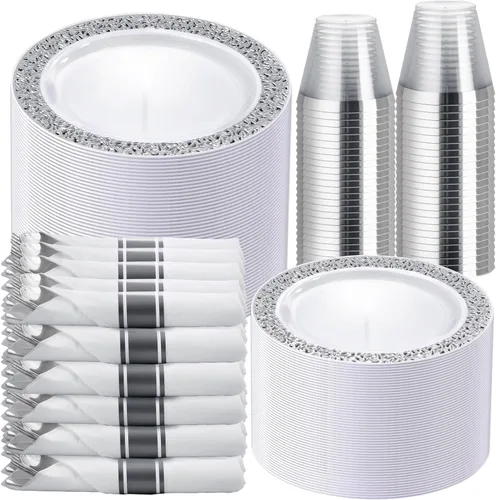 WELLIFE 350 piezas de vajilla desechable de plástico plateado, incluye: 50 platos de cena, 50 platos de postre, 50 vasos, 50 servilletas enrolladas
