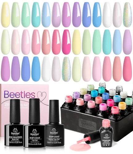Beetles Gel Polish, Juego de esmalte de uñas de gel de 20 colores, colección primavera pastel femenina con purpurina y destellos UV, colección