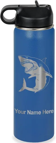 Miniatura 29 de LaserGram Botella de agua personalizada, gran tiburón blanco, acero inoxidable de doble pared aislada al vacío con popote superior, regalo grabado