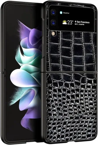 Miniatura 3 de Funda de piel auténtica con diseño de cocodrilo para Samsung Galaxy Z Flip 3, diseño de lujo, lindo y delgado brillante con purpurina para mujeres