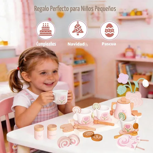 Miniatura 7 de Juego de té de madera para niñas pequeñas, juguete de juego de té con 27 piezas de accesorios de cocina de simulación, juguete de té de princesa
