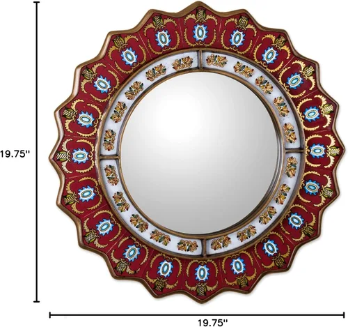 Miniatura 5 de NOVICA Espejo decorativo de pared con marco de madera de vidrio pintado en reversa rojo de Perú 'Ruby Medallion' (grande)