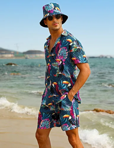 Miniatura 3 de EISHOPEER Conjunto hawaiano de flores para hombre, camisa de manga corta y pantalones cortos, trajes con sombreros de pescador
