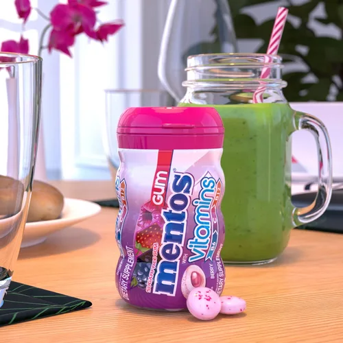 Miniatura 7 de Mentos Goma de mascar de vitaminas, goma de mascar sin azúcar con vitaminas y edulcorante de xilitol, bayas, botella de 45 unidades, 6 botellas