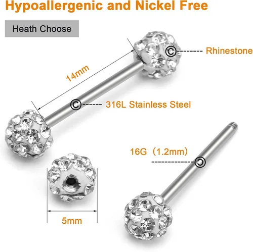 Miniatura 2 de CrazyPiercing 10 anillos de lengua CZ 16G con barra de acero inoxidable recta 0551in de longitud