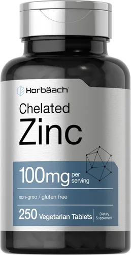 Horbäach Suplemento de Zinc Quelado 100mg | 250 Tabletas | Alta Potencia y Absorción Superior | Vegetariano, Sin OGM, Sin Gluten
