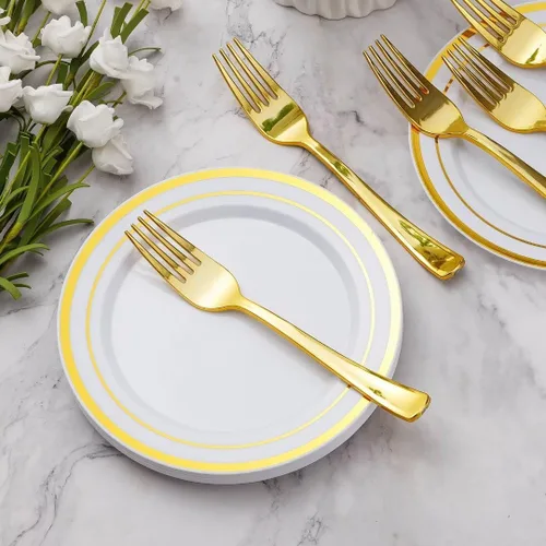 Miniatura 2 de Goodluck 120 platos de plástico dorados de postre de 7 pulgadas con tenedores de 7.4 pulgadas, platos dorados para aperitivos para 60 invitados