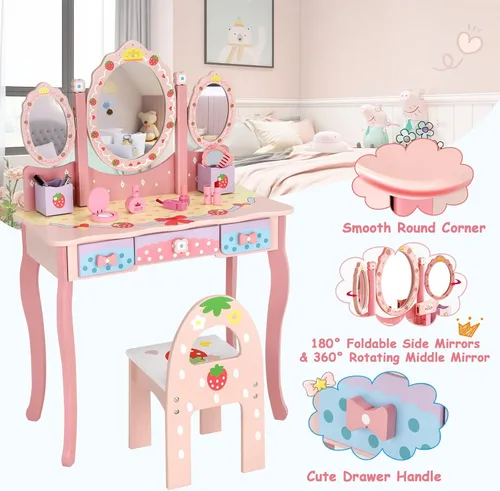 Miniatura 3 de Olakids Juego de tocador y silla de madera de fresa rosa 2 en 1 para niños pequeños con espejo de tres pliegues, taburete, cajones