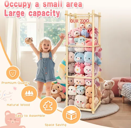 Miniatura 6 de Almacenamiento de Animales de Peluche - Organizador Alto de Juguetes de Madera de Pino Natural con Cuerdas Elásticas y Estante, Casa