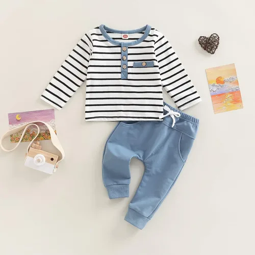 Miniatura 79 de Conjunto de 2 piezas de sudadera de manga larga con cuello redondo y pantalones casuales para bebés y niños pequeños