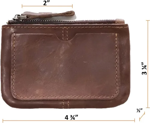 Miniatura 3 de Monedero de cuero genuino para mujeres y hombres, estilo vintage, cuero de grano de vacuno, delgado, minitarjetero con cremallera de metal con asa