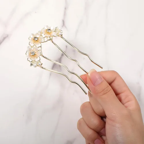 Miniatura 3 de 2 pinzas para el pelo de flores de perlas para mujer, horquilla francesa en forma de U, moño de metal dorado, clips para el pelo de flores