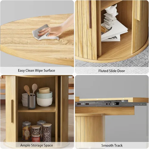 Miniatura 3 de Mesa de comedor redonda extensible de 43.3-59 pulgadas para 4-6-8, puerta corredera de madera estriada, mesa de cocina ovalada moderna, base