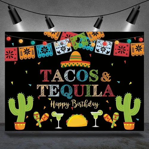 Telón de fondo de fiesta mexicana de feliz cumpleaños, tacos y tequila, luces coloridas, fondo de fondo de cinco de mayo para fotos, fiesta de