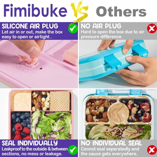 Miniatura 6 de Fimibuke Lonchera Bento para niños, a prueba de fugas, con 4 compartimentos, sin BPA, apta para lavavajillas, con utensilios, tamaños de porciones