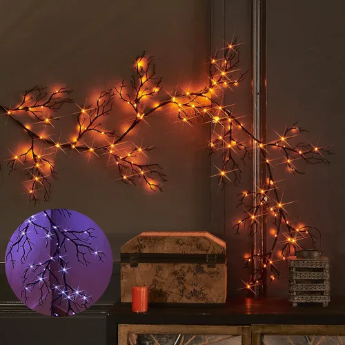 Miniatura 8 de LITBLOOM Guirnalda de Halloween con luces de 6 pies, 80 luces de hadas naranjas y blancas cálidas, guirnalda negra iluminada, funciona