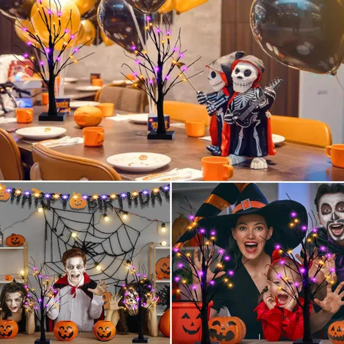 Miniatura 6 de Efunly Paquete de 2 árboles espeluznantes negros de Halloween de 24 pulgadas con luces naranjas y moradas, USB y árbol negro de mesa