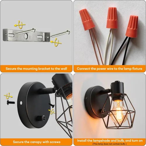 Miniatura 7 de Lightess Aplique de pared negro con interruptor de atenuación y apagado, lámpara de pared vintage con cabezal ajustable, lámpara de pared industrial