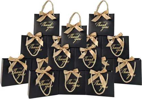 Miniatura 9 de TKSBAG Paquete de 50 pequeñas bolsas de regalo de agradecimiento con asas de 5.5 x 2.3 x 4.7 pulgadas, mini bolsas de regalo negras a granel