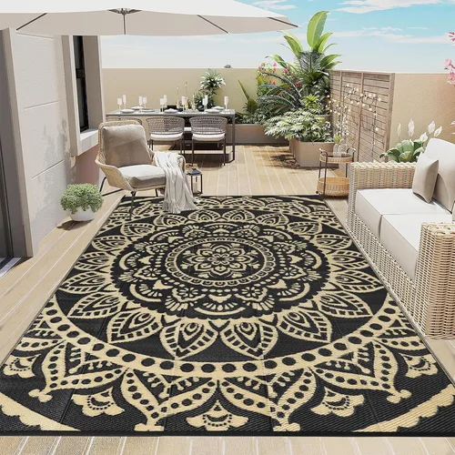 Miniatura 20 de Bsmathom Alfombra impermeable para exterior de 6'x9' reversible de pajita de plástico estilo boho para patio, terraza, camping, alfombras, portátil