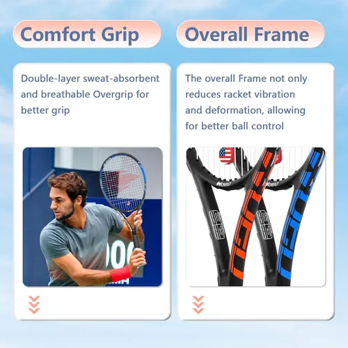 Miniatura 5 de Raqueta de tenis para 2 jugadores adultos, perfecta para principiantes y jugadores profesionales, raqueta de tenis de velocidad de 27", incluye