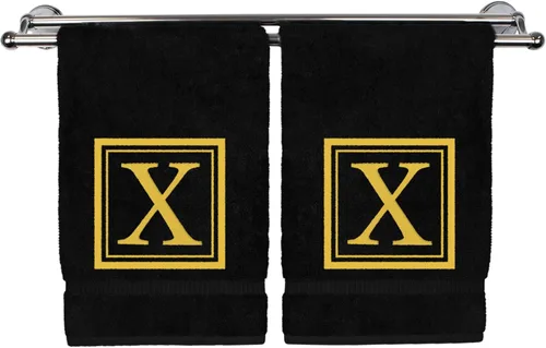 Miniatura 82 de Juego de 2 toallas de mano con monograma, 16 x 30 pulgadas, regalo personalizado, letra blanca bordada con diseño cuadrado sobre toalla negra, extra