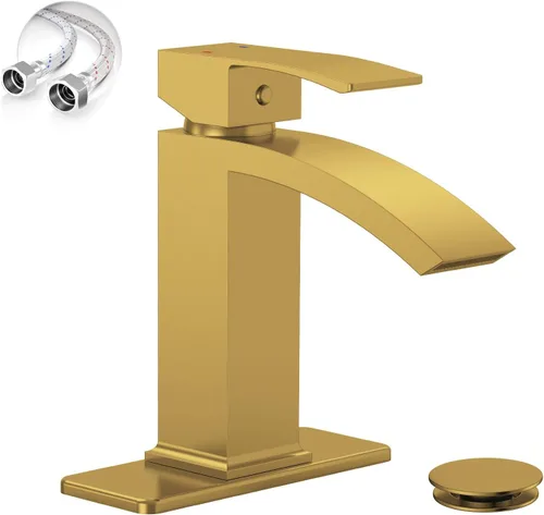 Miniatura 11 de Grifo de lavabo de vaso en oro cepillado, grifos de baño estilo cascada, grifos de baño de una sola manija y un solo agujero de boquilla alta