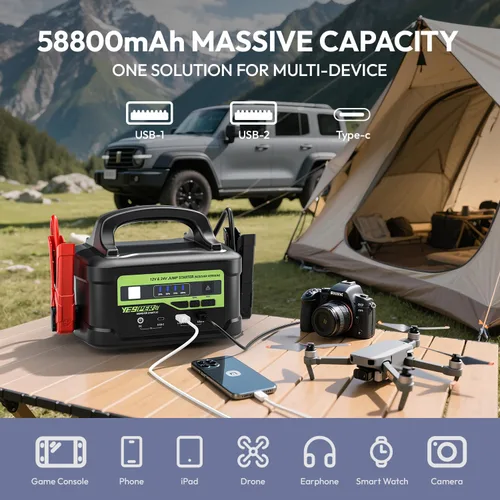 Miniatura 5 de YESPER Arrancador de 12V/24V con Carga Rápida de 145W, Caja de Puente de Batería SuperSegura Portátil de 6000A 218Wh para Camiones Pesados