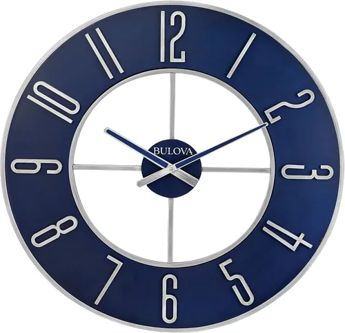Bulova Reloj de pared de gran tamaño de acero azul, modelo C4809, 27 pulgadas de diámetro, elegante acabado plateado y azul, diseño contemporáneo,