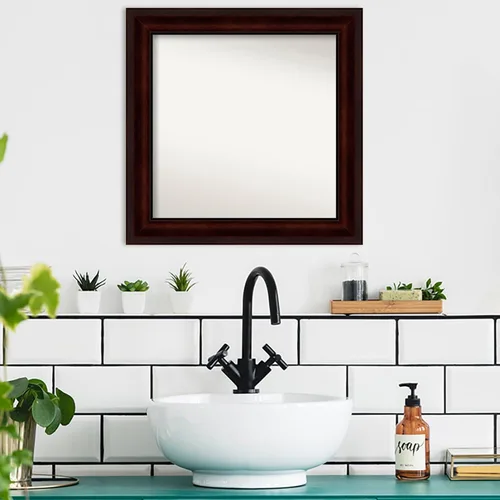 Miniatura 4 de Amanti Art Espejo de baño marrón para sobre el fregadero, 25 x 25 pulgadas, espejo cuadrado marrón de grano de café, marco de madera casual medio