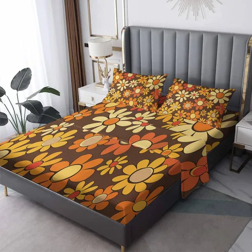 Sábanas retro de los años 70 – Juegos de sábanas King – Sábanas de cama con diseño floral vintage Groovy, microfibra suave y bolsillo profundo,