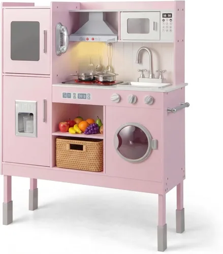INFANS Juego de cocina de madera para niños, juego de cocina de simulación para niños pequeños con luz y sonido realistas, estufa, fregadero,