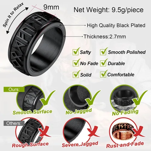 Miniatura 5 de FaithHeart Anillo de runas giratorias vikingas nórdicas de acero inoxidablechapado en oro, anillos giratorios para hombres y mujeres, puede grabado