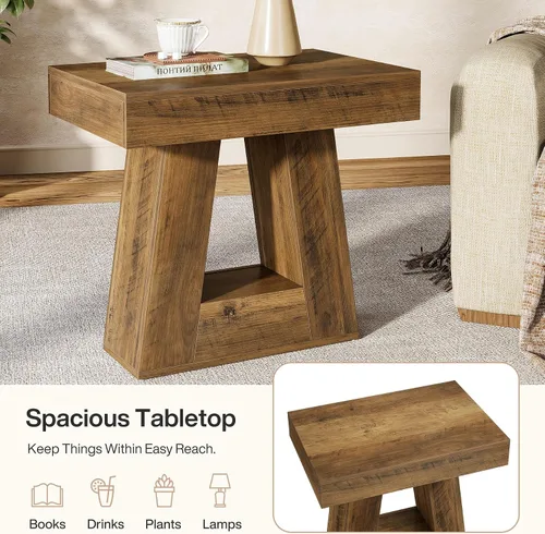 Miniatura 5 de Tribesigns Mesa auxiliar moderna de 24 pulgadas, mesa auxiliar de madera estrecha de 2 niveles con base trapezoidal, mesita de noche pequeña