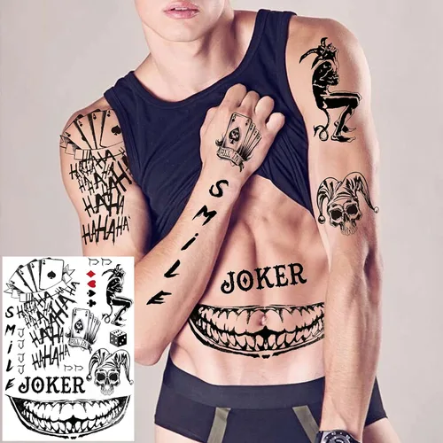 Miniatura 3 de COKTAK 6 hojas de tatuajes temporales de Joker para hombres, mujeres y niños, kit de maquillaje de Halloween, disfraz de cosplay, tatuajes faciales