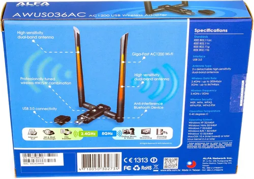 Miniatura 9 de Alfa Adaptador inalámbrico de doble banda AC1200 USB 3.0 Wi-Fi con 2 antenas externas de 5dBi - 2.4GHz 300Mbps / 5Ghz 867Mbps - 802.11ac y A, B, G, N