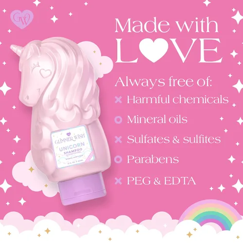 Miniatura 5 de Glimmer Wish Unicorn Kids Champú sin parabenos ni sulfatos para cabello suave y manejable, cuidado del cabello de los niños, aroma de algodón