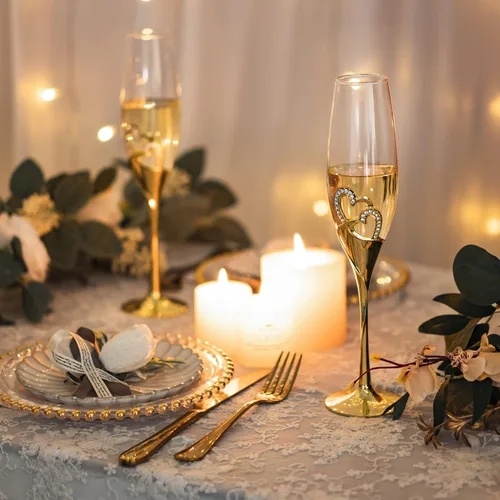 Miniatura 2 de Copas de champán para boda, copas de flauta para novia y novio, creativas copas de vidrio de lujo con borde de diamantes de imitación decoración