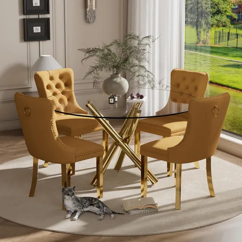 Miniatura 56 de Juego pequeño de mesa redonda con tapa de vidrio transparente para 2, 36'' Juego moderno de lujo para cenas circulares, 3 piezas Juego minimalista